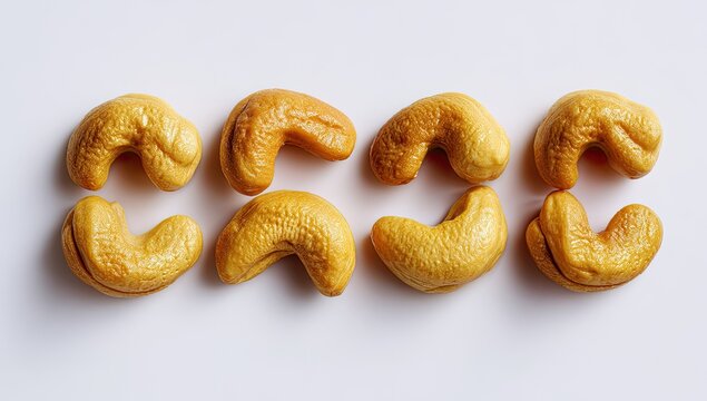 Golden, roasted cashew nuts arranged in two neat rows on a white background