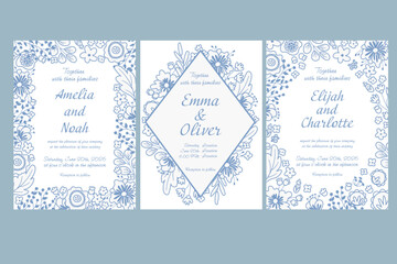 Elegant floral wedding invitation templates with blue line art flowers and typography © Helga KOV