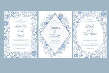 Elegant floral wedding invitation templates with blue line art flowers and typography © Helga KOV