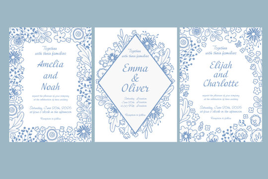 Elegant floral wedding invitation templates with blue line art flowers and typography