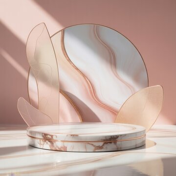 Luxurious marble podium with rose gold accents and decorative glass panels on pink background