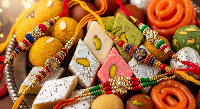 raksha bandhan sweets close up, traditional indian mithai like laddoo and barfi arranged with colorful rakhis, festive composition, soft warm lighting, ultra detailed food photography, 8k