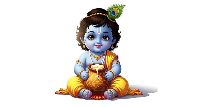 cute cartoon baby Krishna sitting in the center, holding butter pot with playful expression, traditional ornaments and peacock feather, vibrant colors, soft lighting, isolated on pure white background