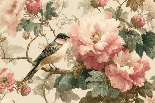 Elegant toile de Jouy pattern, detailed gold, pink, green and white illustration featuring bird on a branch surrounded by lush blooming flowers and leaves, vintage botanical style