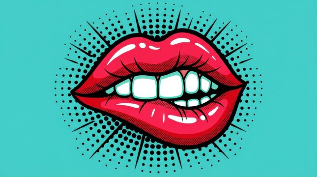 Red glossy lips biting bottom lip on turquoise background with halftone dots and radial sunburst art.