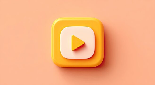 3D orange and white layered icon with a yellow play button