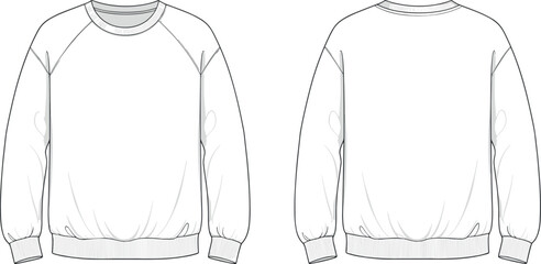 Blank White Raglan Sweatshirt Technical Vector Illustration Front and Back View Template for Apparel Design Mockup Fashion Tech Pack Sketch © BIPUL