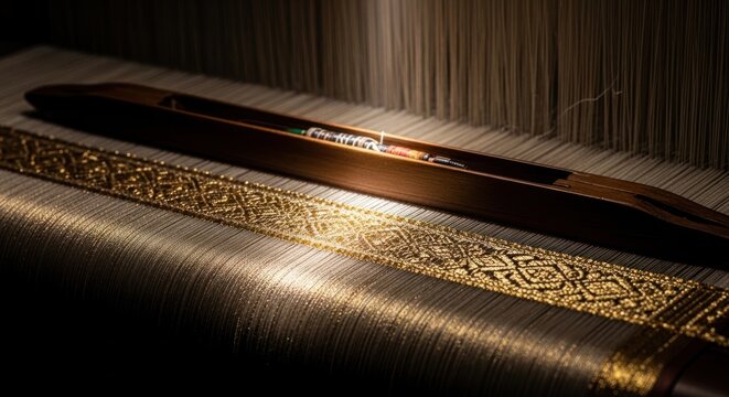 a traditional handloom weaving process, specifically a shuttle resting on a densely woven golden fabric