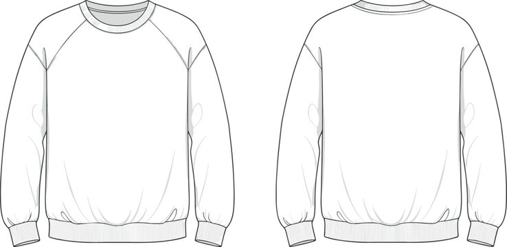 Blank White Raglan Sweatshirt Technical Vector Illustration Front and Back View Template for Apparel Design Mockup Fashion Tech Pack Sketch