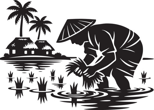 Farmer working in rice field silhouette with palm trees and huts