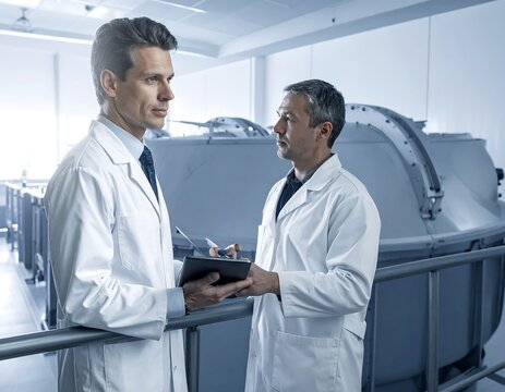 Two professionals in lab coats confer next to a large piece of equipment in a bright, modern laboratory setting