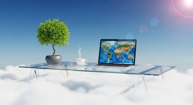 An illustration of common visual shorthand for global internet connection, digital communication, and international business.