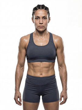 Female MMA Fighter Front View Standing Anatomically Correct Muscle Definition Kinetic Symmetry Dark Charcoal Athletic Apparel Studio Lighting High Contrast White Background One-Click Masking Ready