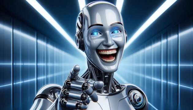 ai robot artificial intelligence laugh mocking pointing finger sarcastic android cyborg arrogant