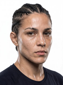 Female MMA Fighter Close Up Portrait Intense Gaze Anatomically Correct Sweat Texture Realistic Skin Pores Braided Hair Black Training Top Studio Lighting White Background Masking Ready