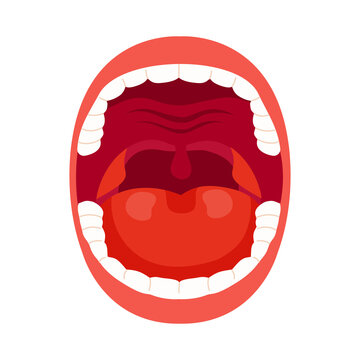 Human mouth is open wide showing teeth and tongue in a medical illustration.