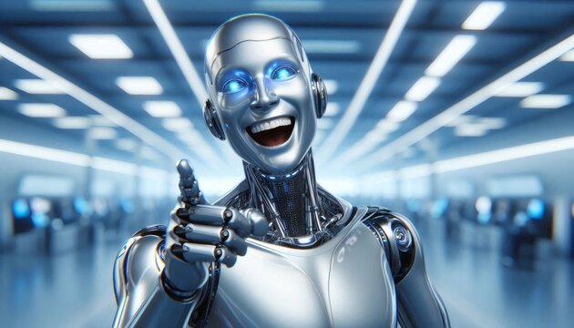 ai robot artificial intelligence laugh mocking pointing finger sarcastic android cyborg arrogant