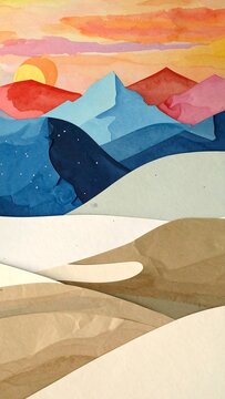 Watercolor depiction of mountains and rolling hills with a colorful sunrise. Layers of blue, pink, and brown create a landscape