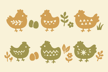 Obraz na płótnie Canvas Chicken set naive folk vector illustration