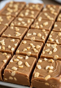Freshly prepared squares of smooth caramel fudge are topped with chopped nuts and arranged in neat rows.