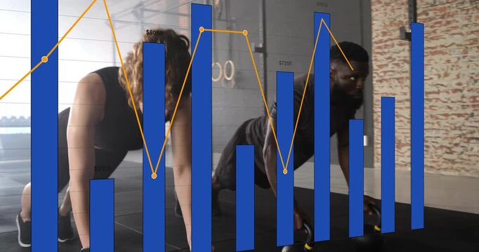 Diverse training partners performing kettlebell push-ups in gym sportswear with data chart