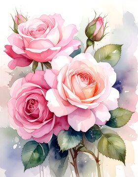 Watercolor illustration featuring a bouquet of pink roses, some in full bloom, some in bud. Green leaves accent the flowers