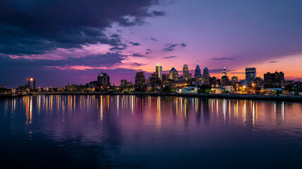 Obraz premium Philadelphia Skyline at Sunset with Colorful Reflections on Delaware River, Dramatic Twilight Cityscape