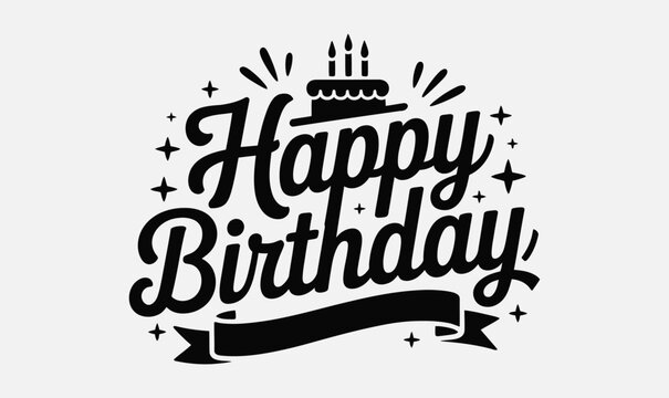 Happy birthday script lettering vector with cake and ribbon for party greeting card design