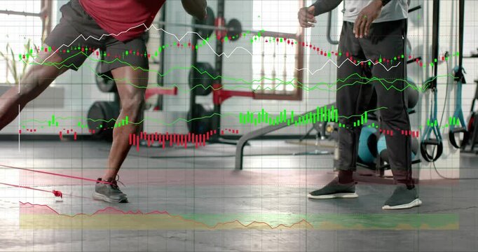 Man doing band lateral steps for balance while coach signaling, timing reps with overlaid graphs