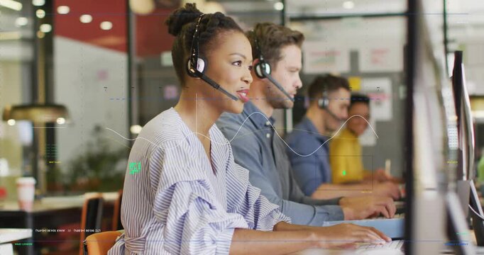 Vertical video: Call center agent taking call, typing, resolving case, waveform overlays appearing