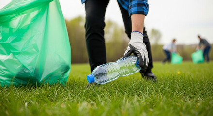 Fototapeta premium Volunteer picking up a plastic bottle from the grass in a park, environmental cleanup concept