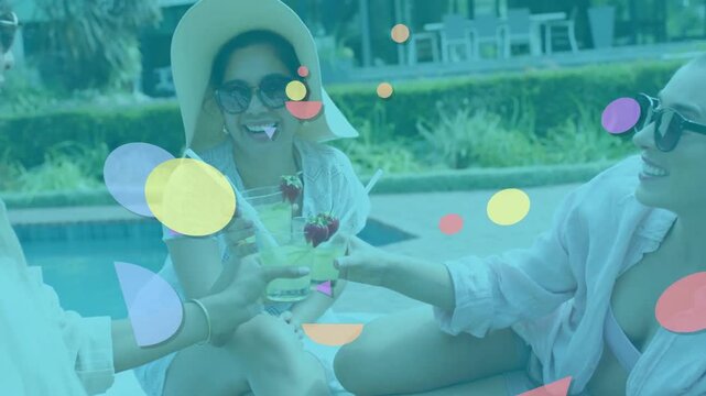 3 women clinking drinks pool lifestyle as shapes intensifying and cam pulling back revealing woman