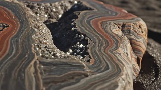 Close-up of a layered geode with crystal inclusions