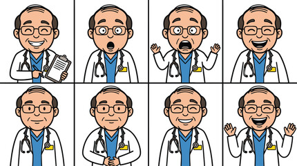 Fototapeta premium Cartoon healthcare worker in various expressions in office setting with white coat on.