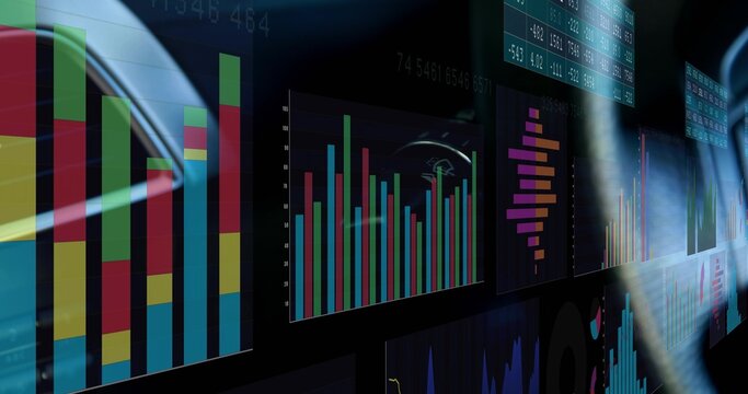 Displaying lit digital panel bank showing grouped vertical and stacked bar charts in control room