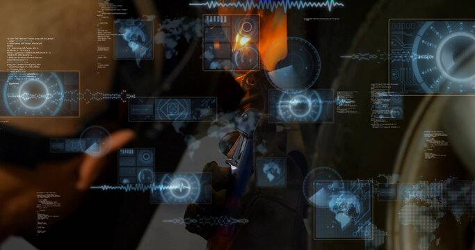 Holding heavy gloved hand heating small component in workshop, torch flame with HUD overlays by rim
