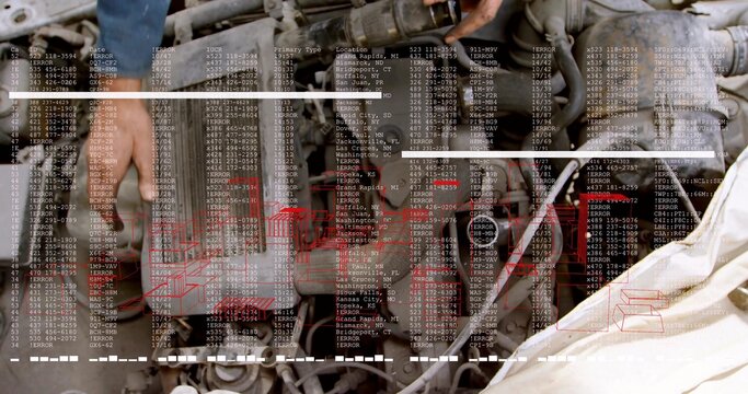 Fixing tech hands adjusting engine belts and hoses at shop wearing blue work shirt, data overlay