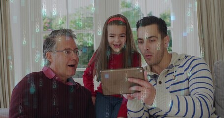 Watching family trio leaning toward tablet on sofa at home, red headband, showing binary overlay © vectorfusionart