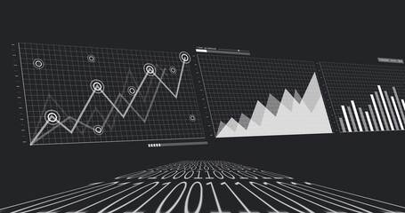 Fototapeta premium Flowing binary digit stream curving toward data panel with line markers, area peaks, bars, sliders