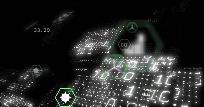 Pulsing 3D binary grid rippling in virtual data space, with floating green hex UI and array