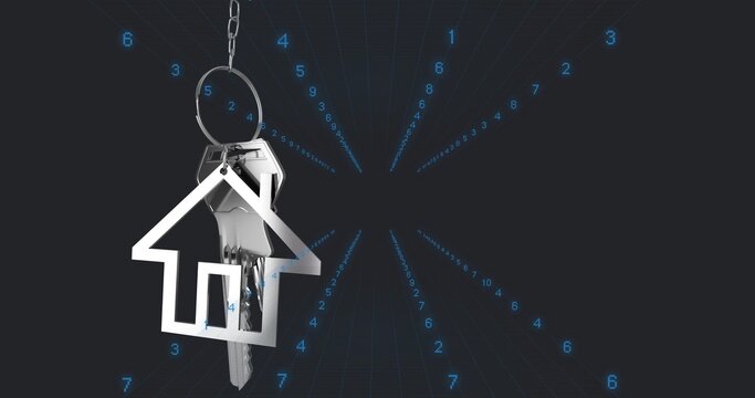 Hanging from metal ring, silver house keychain and metal key glinting over dark numeric tunnel
