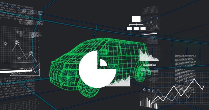 Rendering green wireframe van occupying center in 3D workspace with pie-chart and floating panels