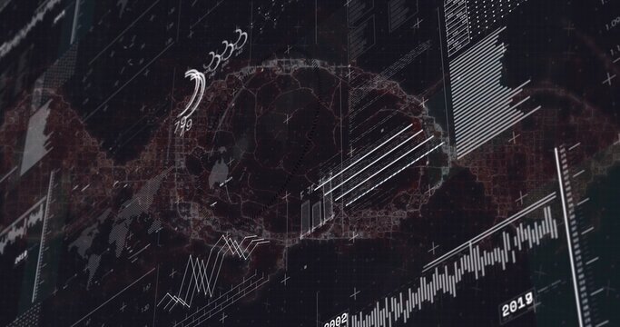 Displaying brain-network silhouette centered on dark dashboard, showing line charts and 2019 labels