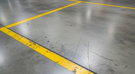 Fototapeta premium Industrial warehouse concrete floor with bright yellow safety lines marking pathways and zones for logistics and operations