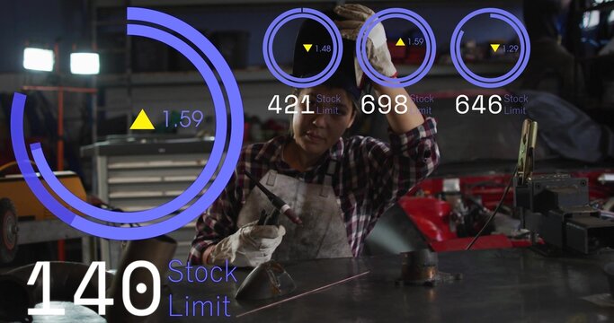 Welding mechanic with heavy apron, gloves, holding torch and rag in workshop, HUD 140 Stock Limit