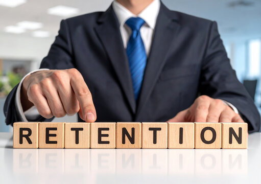 Retention - Geschäftsmann zeigt mit dem Finger auf das Wort "Retention"