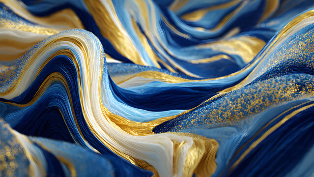 Abstract 3D wavy ribbon background in blue and gold with glitter texture and flowing layered curves for modern design