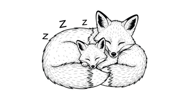 Beautiful black and white line art illustration of a mother fox and her cub sleeping curled up together in a cozy nest.