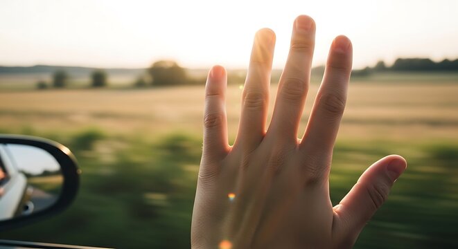 A persons hand is seen waving outside a car window with a beautiful countryside landscape in the background during sunset