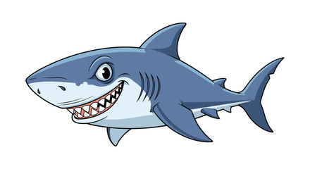 Fototapeta premium Friendly cartoon shark swimming in the ocean with a big toothy grin against a clean white background for children and aquatic design.